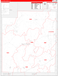Palo Pinto County, TX Wall Map Zip Code Red Line Style 2024